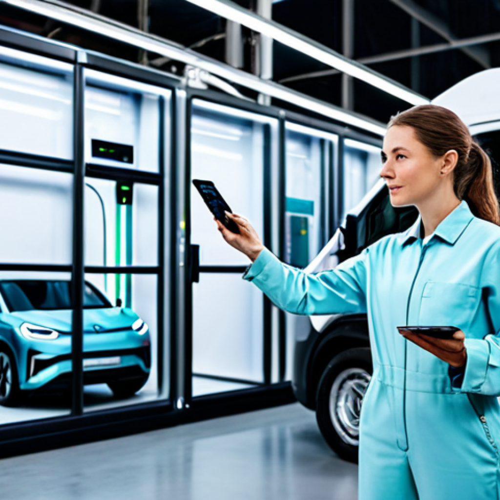 A professional female engineer, fully clothed in a modest, modern work jumpsuit, stands confidently in a state-of-the-art electric vehicle maintenance facility. She is interacting with a transparent holographic display showcasing real-time energy consumption data of a large, sleek electric delivery van. In the background, advanced charging stations are seamlessly integrated into a clean, futuristic design. The overall atmosphere is bright, emphasizing innovation and sustainability. safe for work, appropriate content, fully clothed, family-friendly, professional dress, perfect anatomy, correct proportions, natural pose, well-formed hands, proper finger count, natural body proportions, high-resolution, futuristic vision.