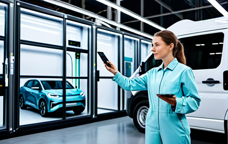 A professional female engineer, fully clothed in a modest, modern work jumpsuit, stands confidently in a state-of-the-art electric vehicle maintenance facility. She is interacting with a transparent holographic display showcasing real-time energy consumption data of a large, sleek electric delivery van. In the background, advanced charging stations are seamlessly integrated into a clean, futuristic design. The overall atmosphere is bright, emphasizing innovation and sustainability. safe for work, appropriate content, fully clothed, family-friendly, professional dress, perfect anatomy, correct proportions, natural pose, well-formed hands, proper finger count, natural body proportions, high-resolution, futuristic vision.