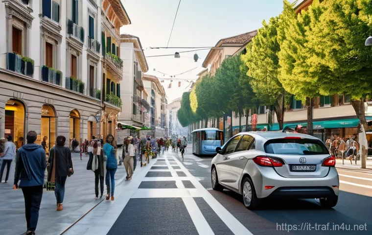 교통 관리 시스템 실무 활용 - **Prompt:** A bustling, sun-drenched street in a modern Italian city, showcasing an advanced intelli...