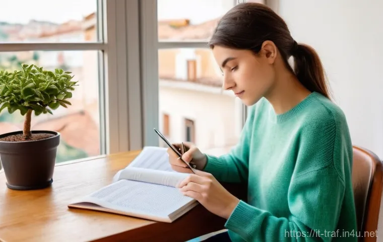 교통직 필기시험 준비 방법론 - **Prompt: Overcoming Exam Anxiety and Finding Inner Motivation**
"A determined young Italian wom...