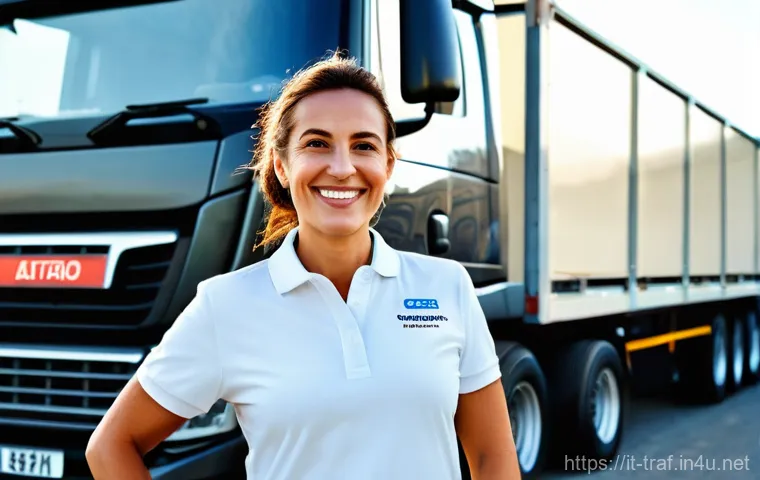 교통업계 필수 자격증 - **Prompt:** "A proud, experienced Italian truck driver, a woman in her late 30s with a confident smi...