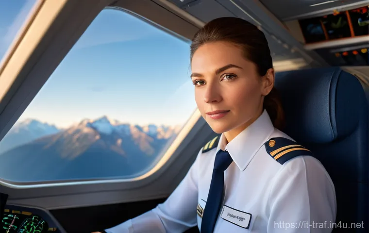 교통업계 여성 전문가 사례 - **A highly detailed, realistic image of a confident female airline pilot in the cockpit of a modern ...