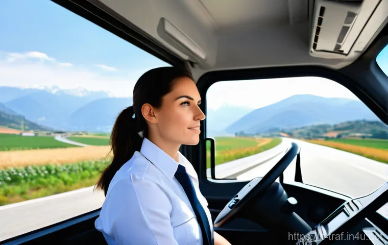 교통 관련 자격증의 가성비 비교 - **Prompt:** A confident, professional Italian female truck driver in her early 30s, wearing a clean,...