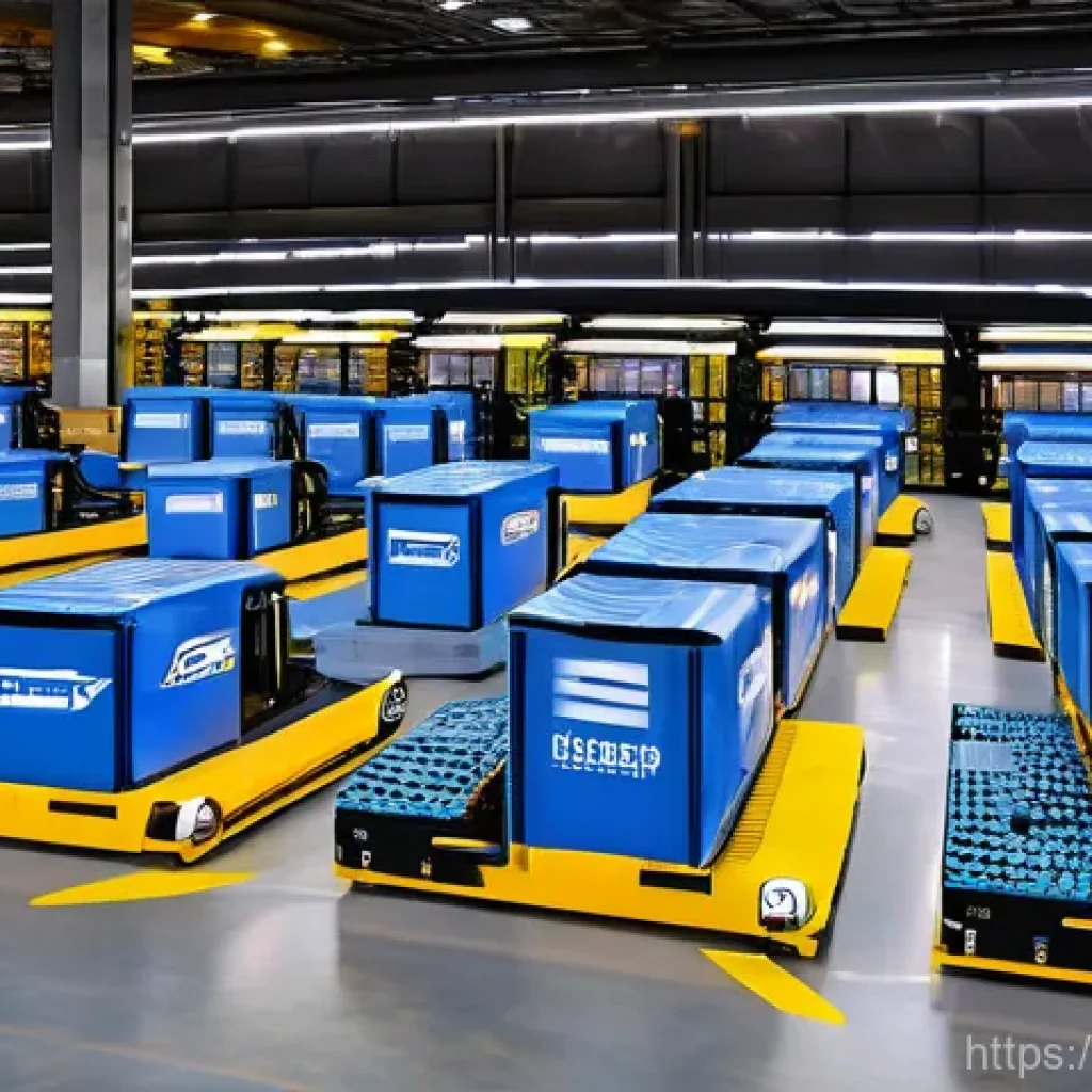 교통직 실습 준비를 위한 팁 - **"A vibrant, high-tech logistics hub during peak operation. Automated guided vehicles (AGVs) effici...