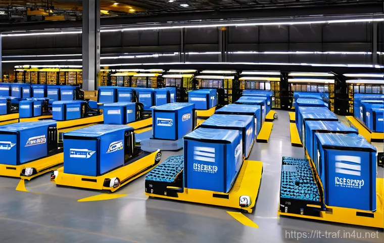 교통직 실습 준비를 위한 팁 - **"A vibrant, high-tech logistics hub during peak operation. Automated guided vehicles (AGVs) effici...