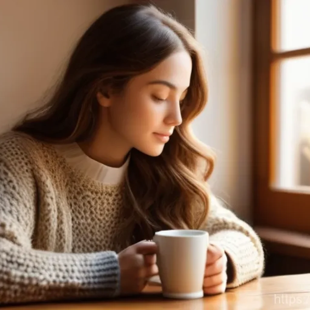 교통직 필기시험 학습 계획 수립 방법 - A warm, inviting café interior. A young woman, dressed in a stylish but modest sweater and jeans, si...