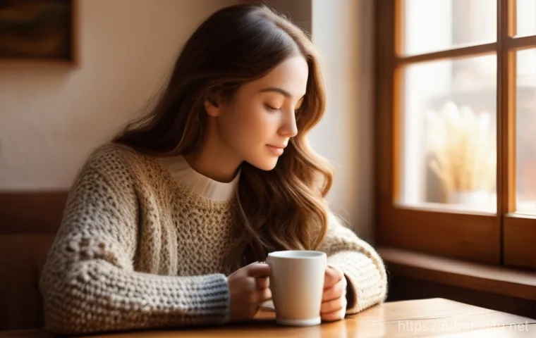 교통직 필기시험 학습 계획 수립 방법 - A warm, inviting café interior. A young woman, dressed in a stylish but modest sweater and jeans, si...