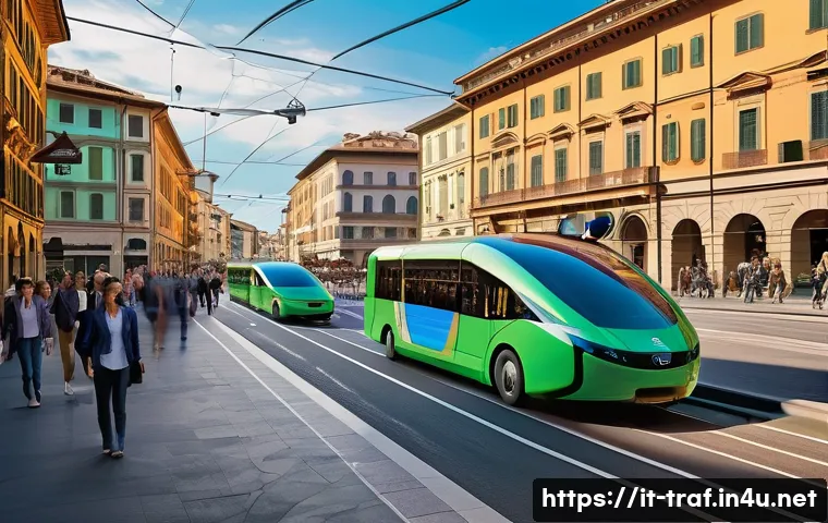 교통 관리 업무와 책임 - **Prompt:** A vibrant, futuristic depiction of an Italian city street, perhaps Florence or Bologna, ...