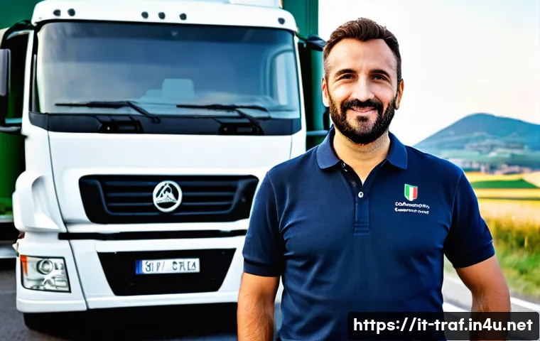 교통 관련 자격증의 종류와 장점 - **Prompt:** A professional Italian truck driver, mid-30s, male, with a confident and friendly expres...