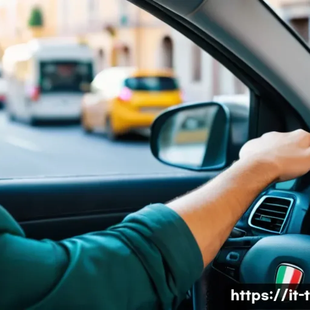교통기사 실기시험 실제 문제 - A detailed scene of a young Italian driver during a practical driving exam in a busy urban setting i...