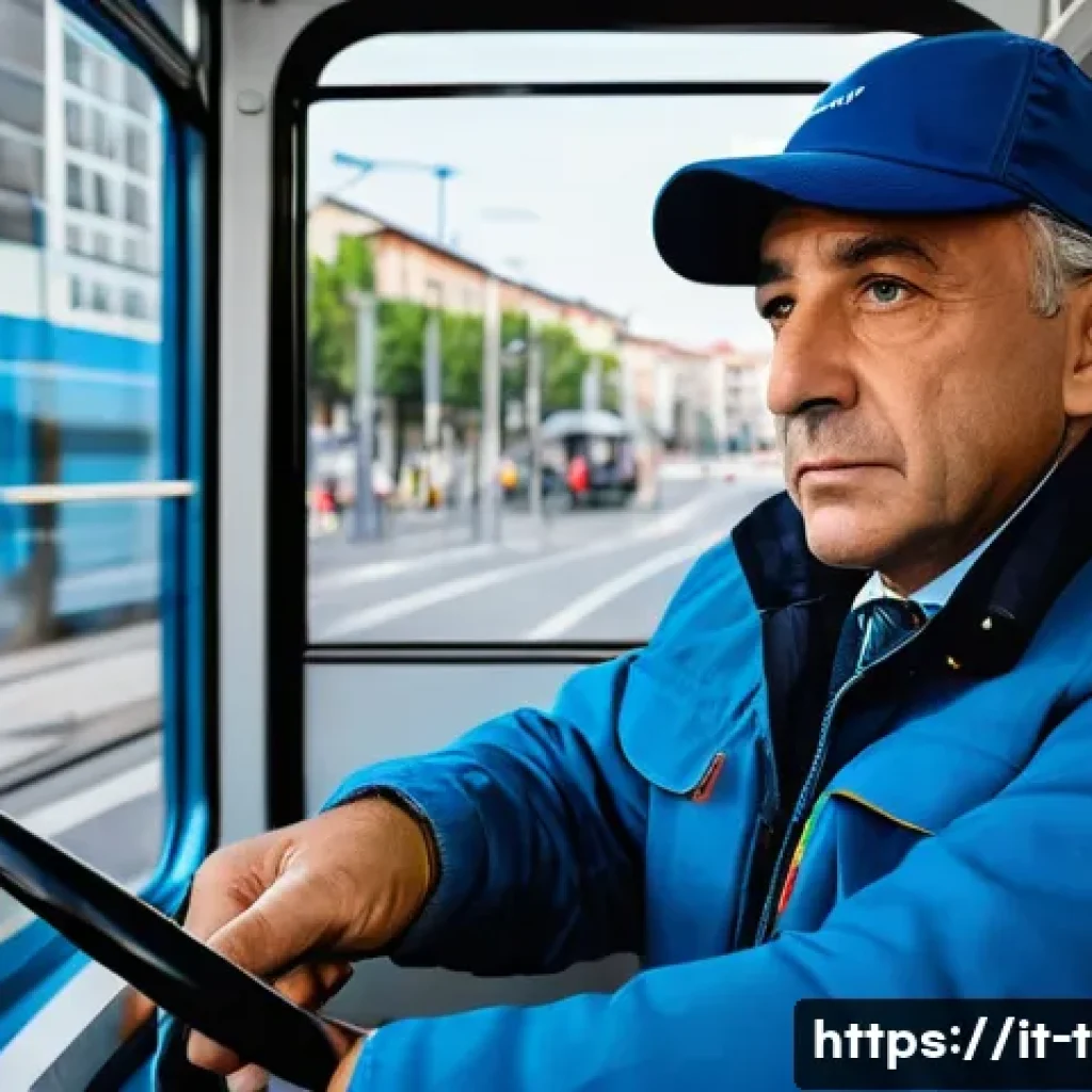 교통직 직무분석과 자기소개서 - A professional Italian public transport bus driver in uniform, wearing a neat blue jacket and cap, s...