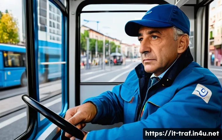 교통직 직무분석과 자기소개서 - A professional Italian public transport bus driver in uniform, wearing a neat blue jacket and cap, s...