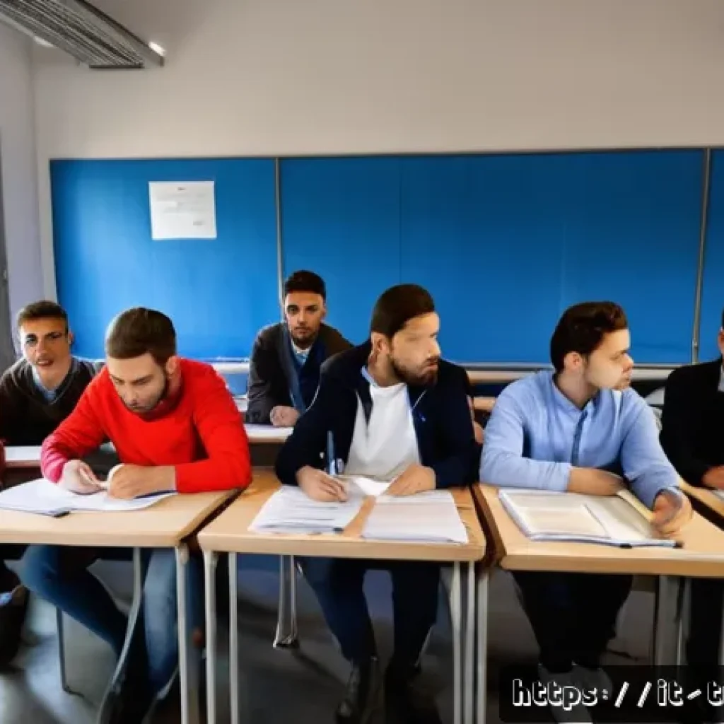 교통직 자격증 취득 준비 순서 - A professional Italian driving school classroom scene, featuring adult students attentively listenin...