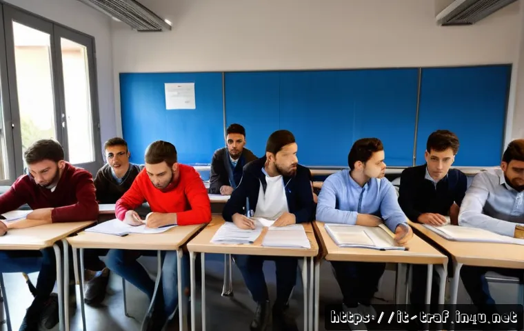 교통직 자격증 취득 준비 순서 - A professional Italian driving school classroom scene, featuring adult students attentively listenin...