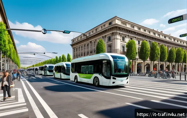 교통업계 경력자의 조언 - A futuristic urban street scene in Milan featuring multiple autonomous electric vehicles including c...