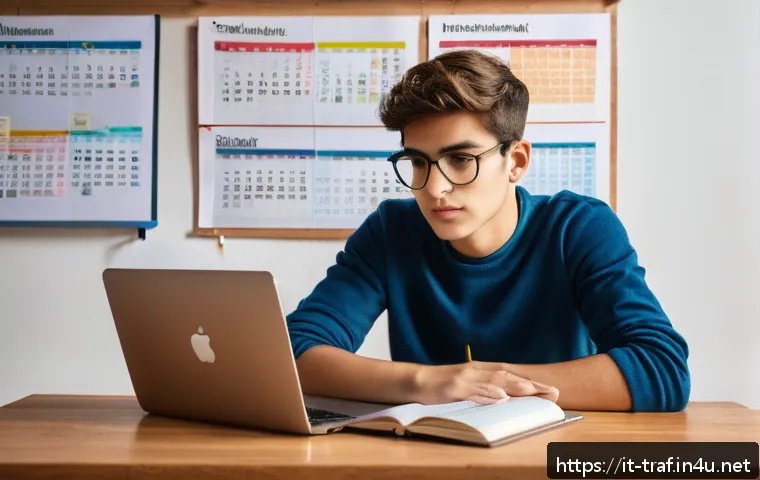 교통자격증 필기시험 합격 비법 - A focused young Italian student sitting at a modern wooden desk in a cozy, sunlit room, surrounded b...