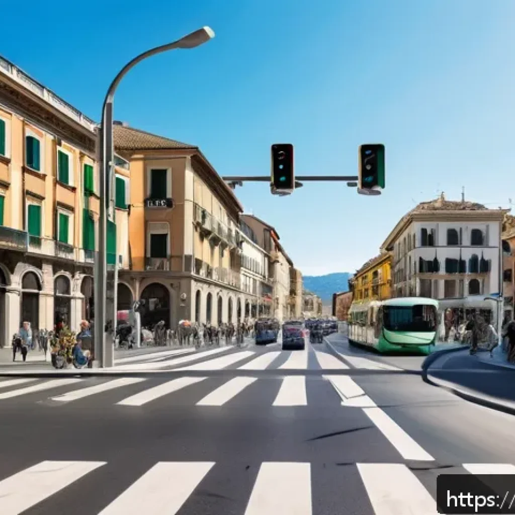 교통관리 이론 요약 - A busy Italian urban intersection featuring an adaptive traffic light system with multiple digital s...