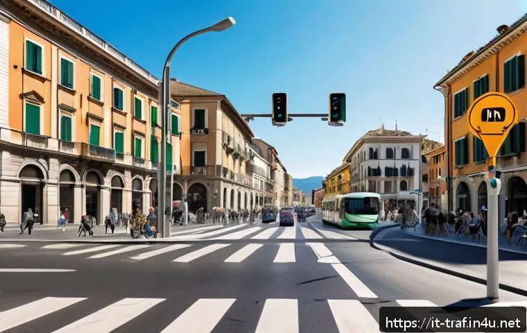 교통관리 이론 요약 - A busy Italian urban intersection featuring an adaptive traffic light system with multiple digital s...
