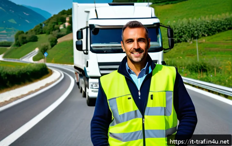 교통 직업군별 취업 요건 - A professional commercial truck driver in Italy wearing a high-visibility safety vest and a neat uni...