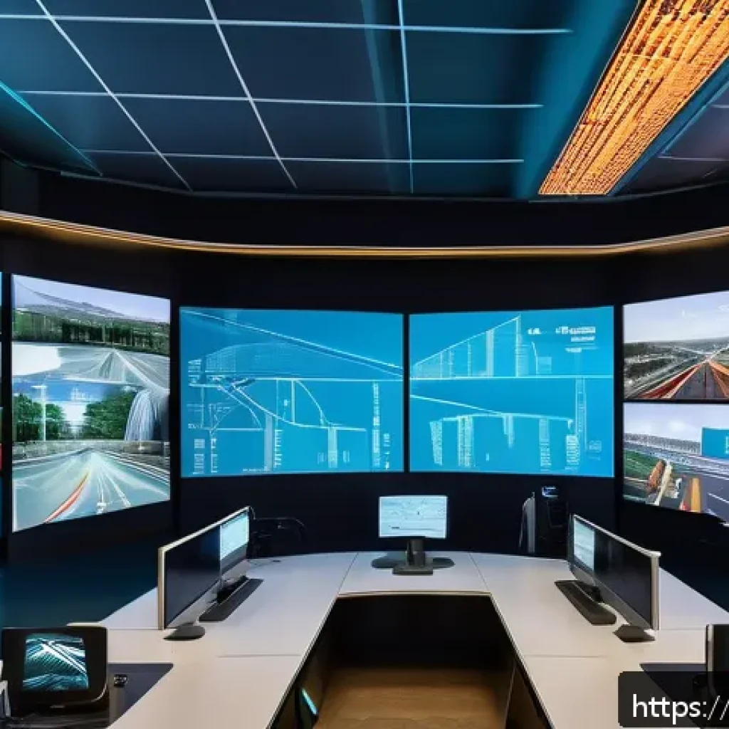 교통직 필수 역량과 기술 - A modern urban traffic control center in Italy, featuring large digital screens displaying real-time...