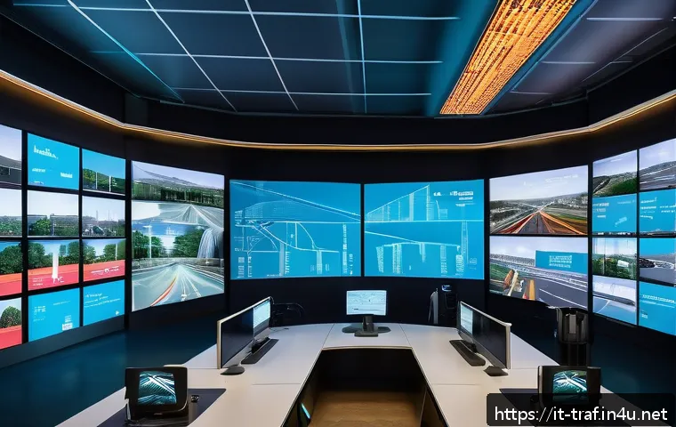 교통직 필수 역량과 기술 - A modern urban traffic control center in Italy, featuring large digital screens displaying real-time...