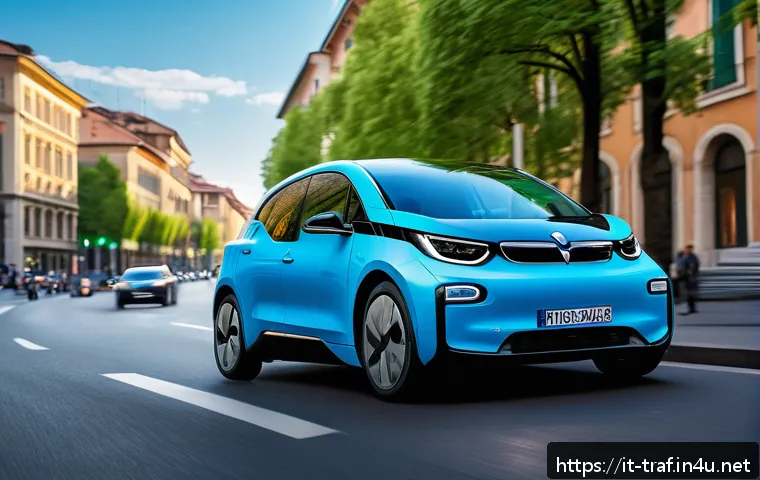 교통관련 자격증과 공학적 요소의 연결 - A sleek, modern electric vehicle driving through a vibrant European cityscape with iconic Italian ar...
