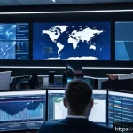 Home 19 교통 관련 자격증 최신 소식 - A modern logistics control room featuring a diverse team of professionals interacting with multiple ...