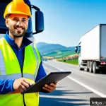 Home 18 교통직 커리어 패스와 자격증의 연결성 - A professional male truck driver wearing a high-visibility safety vest and protective gloves, standi...