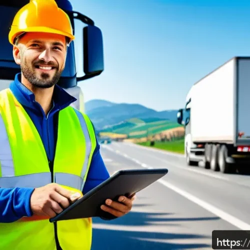 Home 30 교통직 커리어 패스와 자격증의 연결성 - A professional male truck driver wearing a high-visibility safety vest and protective gloves, standi...