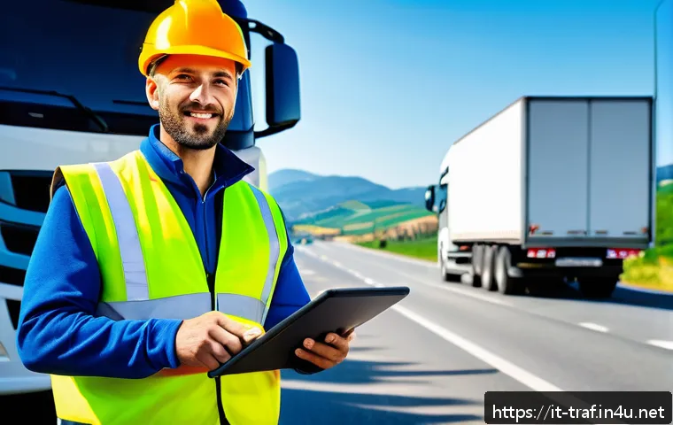 교통직 커리어 패스와 자격증의 연결성 - A professional male truck driver wearing a high-visibility safety vest and protective gloves, standi...