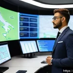Home 23 교통 관련 자격증 추천 - A professional logistics manager in a modern Italian transport control room, surrounded by multiple ...