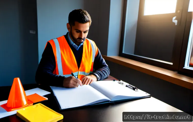 교통안전관리사 실기시험 대비 전략 - Photorealistic Italian road safety professional preparing for a practical certification exam, seated...